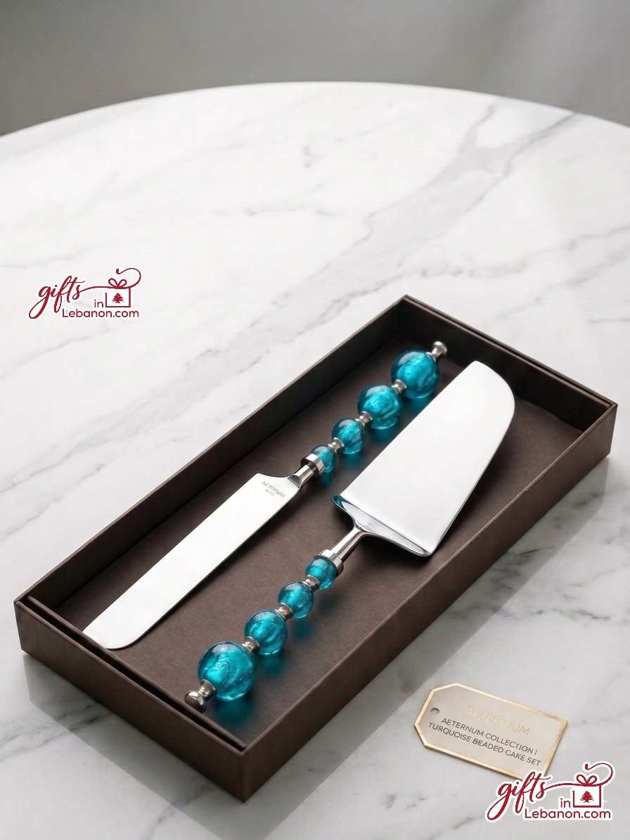 Aeternum Turquoise Beaded Cake Knife and Server Set in Gift Box