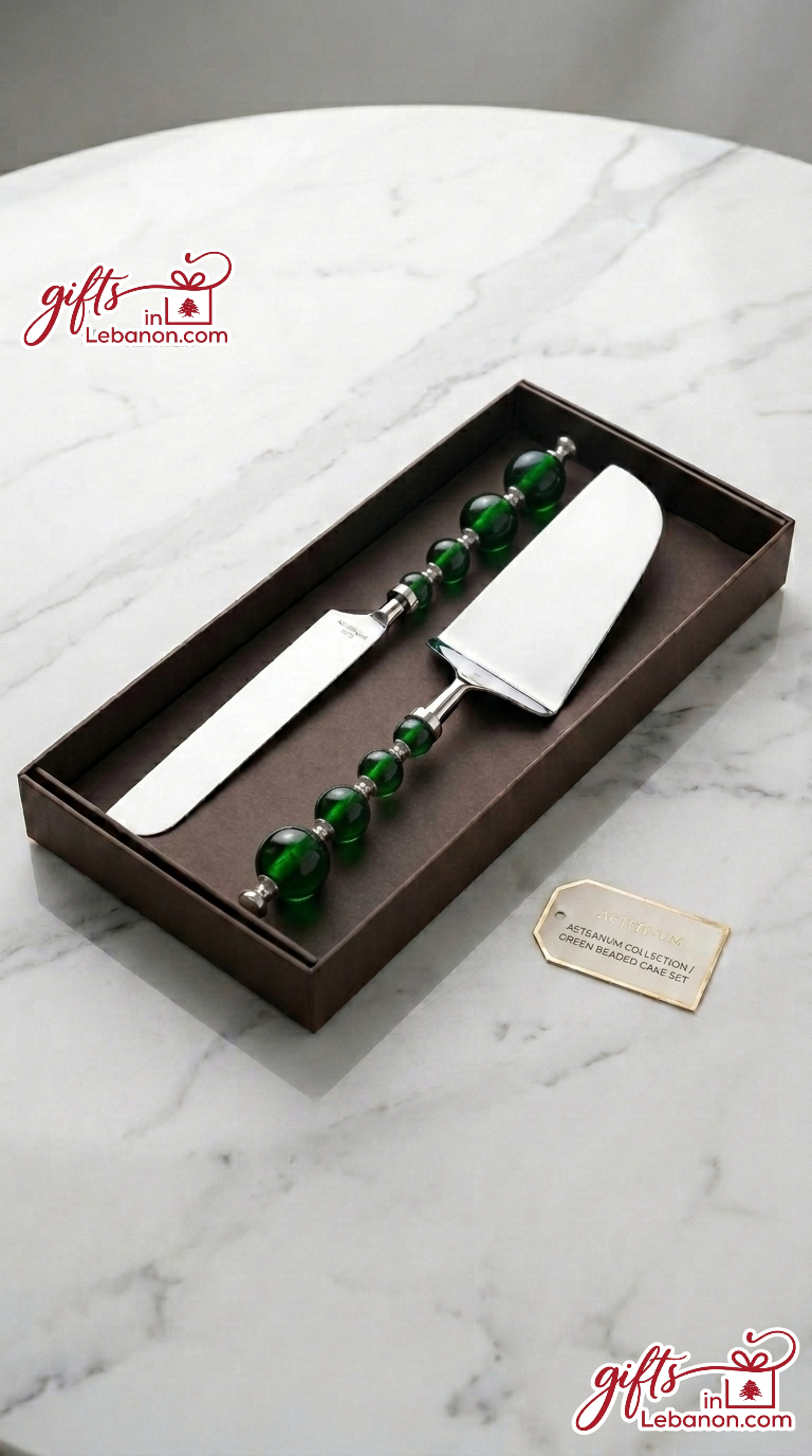 Artisanum Green Beaded Cake Knife and Server Set in Gift Box