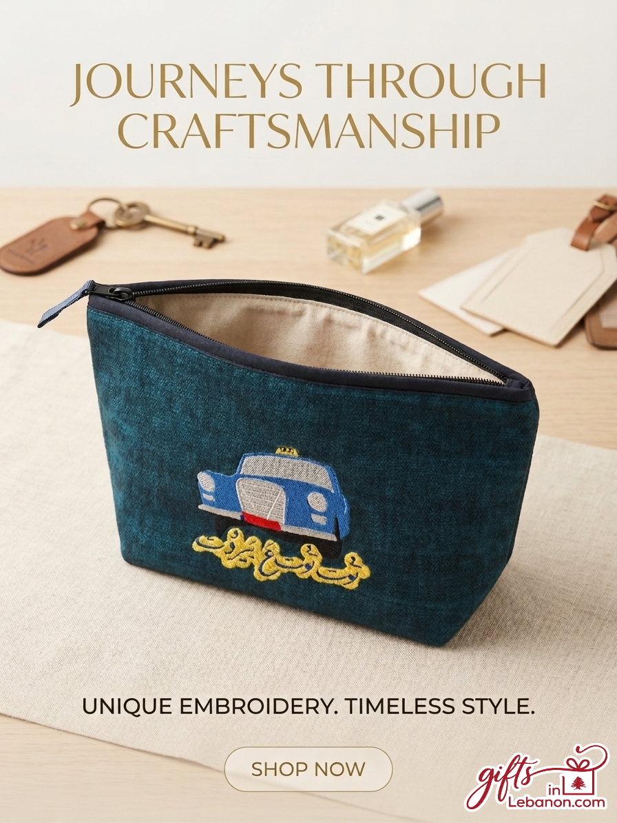 Embroidered teal pouch featuring a vintage blue Beirut service taxi and Arabic calligraphy