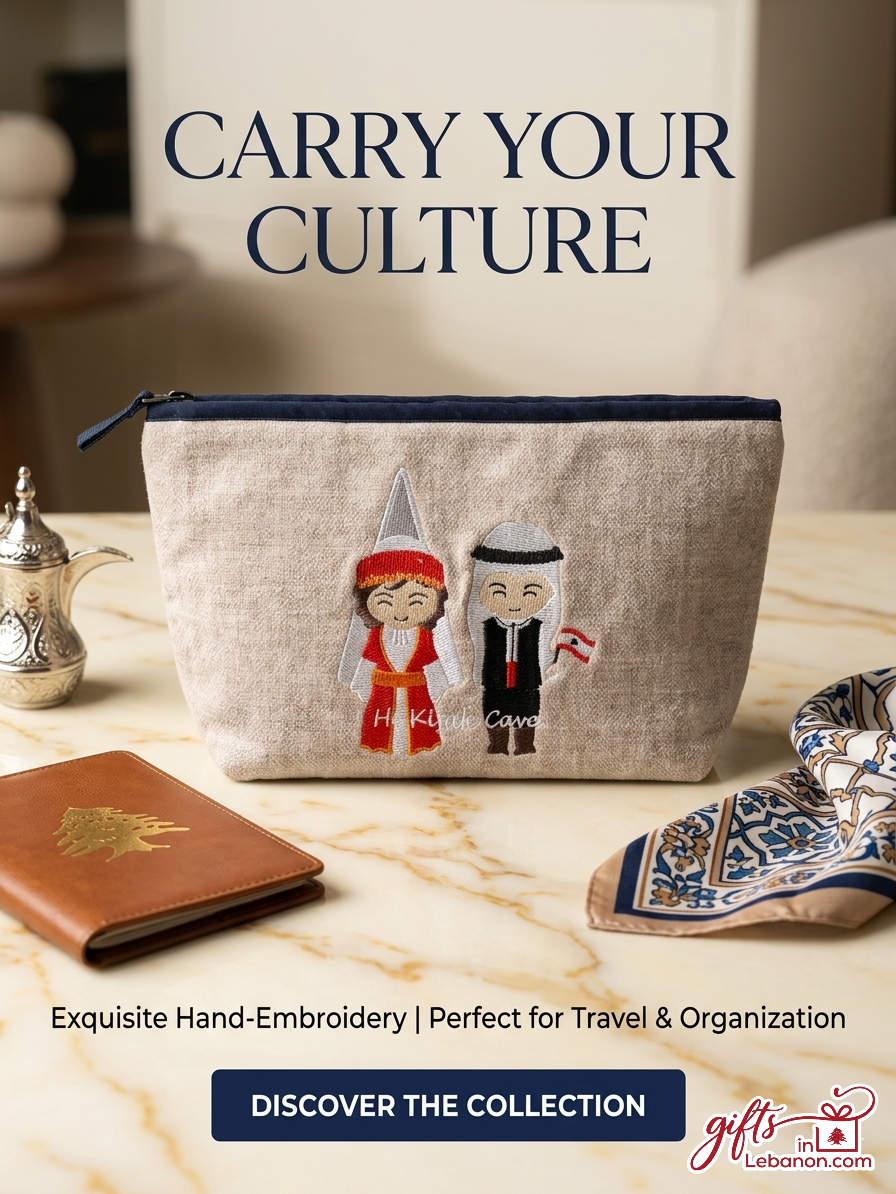 Hand-embroidered linen pouch featuring traditional Lebanese figures with a cedar passport holder.
