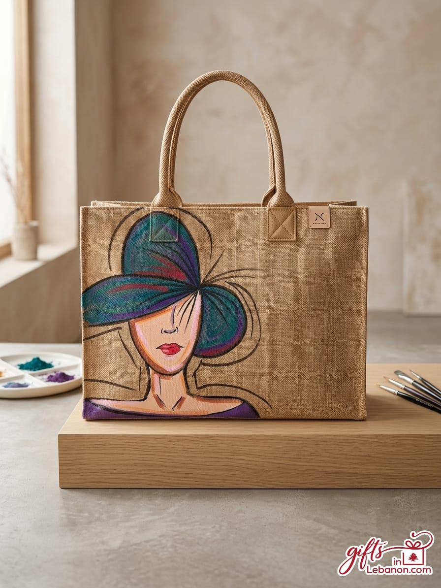 Hand-painted jute tote bag featuring an elegant lady illustration