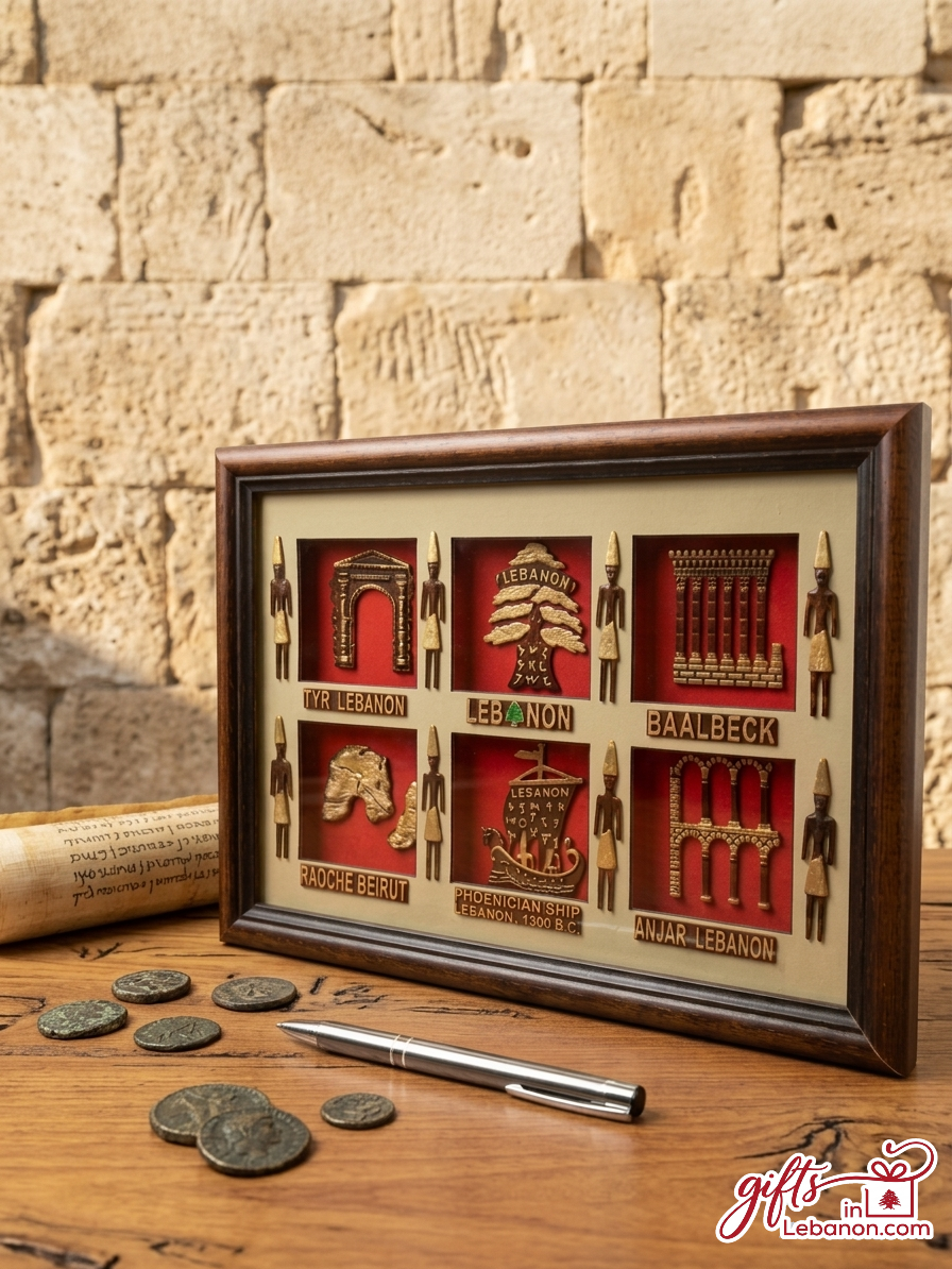 Framed 3D artwork showcasing Lebanese landmarks including Tyr, Baalbeck, Raouche, and the Phoenician ship
