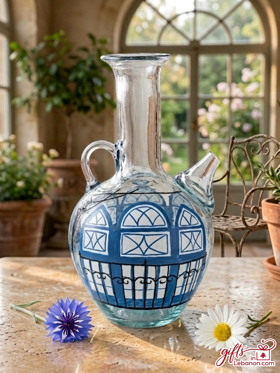 Hand-painted traditional Lebanese glass Ibrik water jug with blue heritage house design