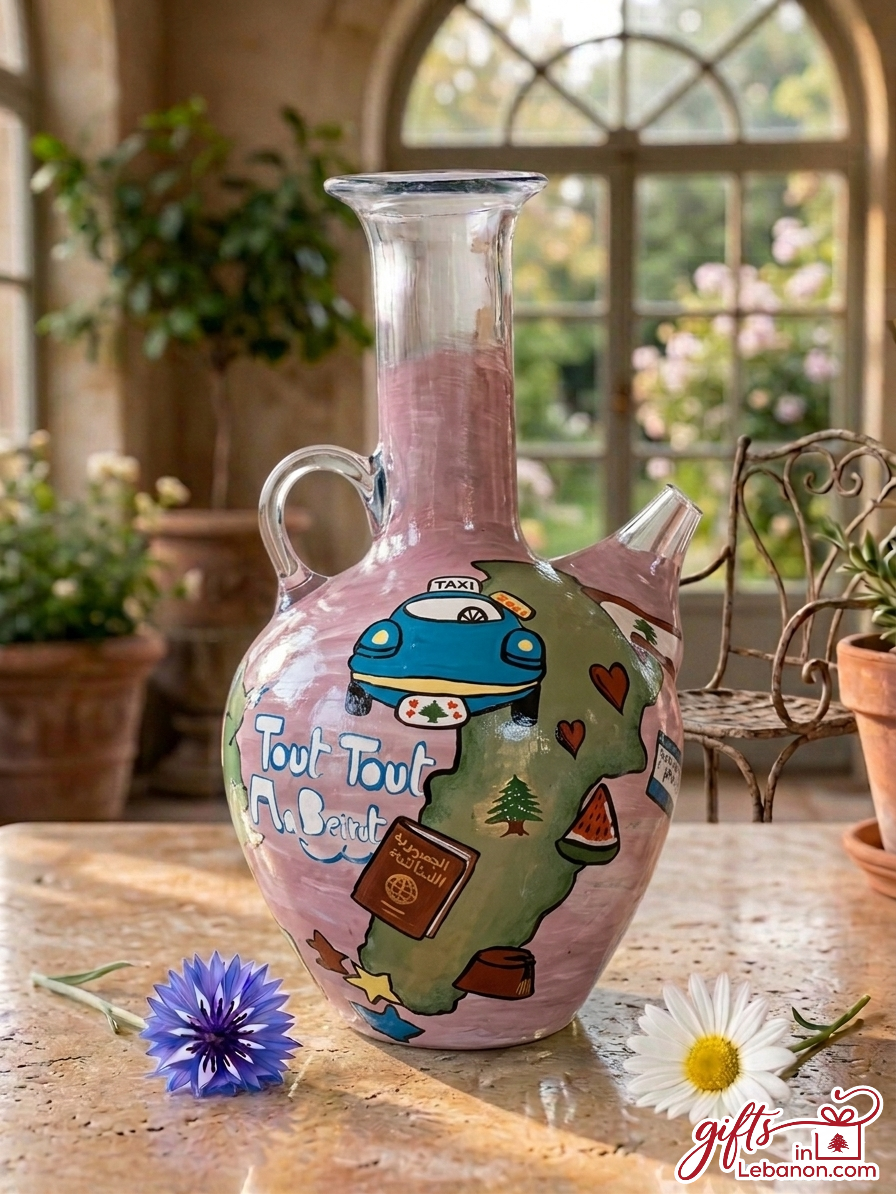 Hand-painted traditional Lebanese glass Ibrik pitcher with Beirut taxi and cedar tree illustrations.