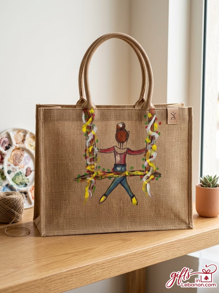 Hand-painted jute tote bag featuring a girl on a swing