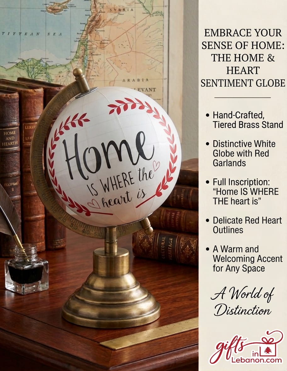 Home Is Where The Heart Is Sentiment Globe on a brass stand
