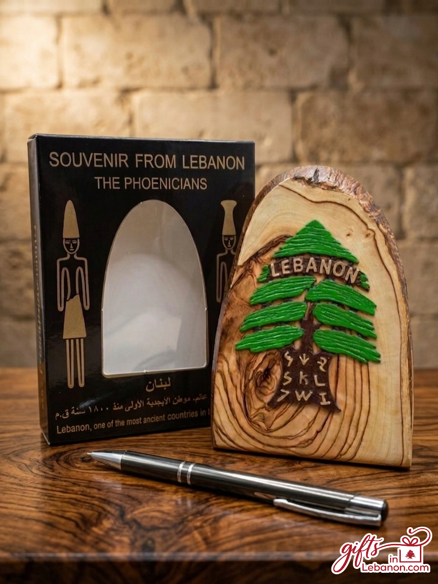 Handcrafted wooden Lebanese Cedar ornament with Phoenician alphabet letters and gift box