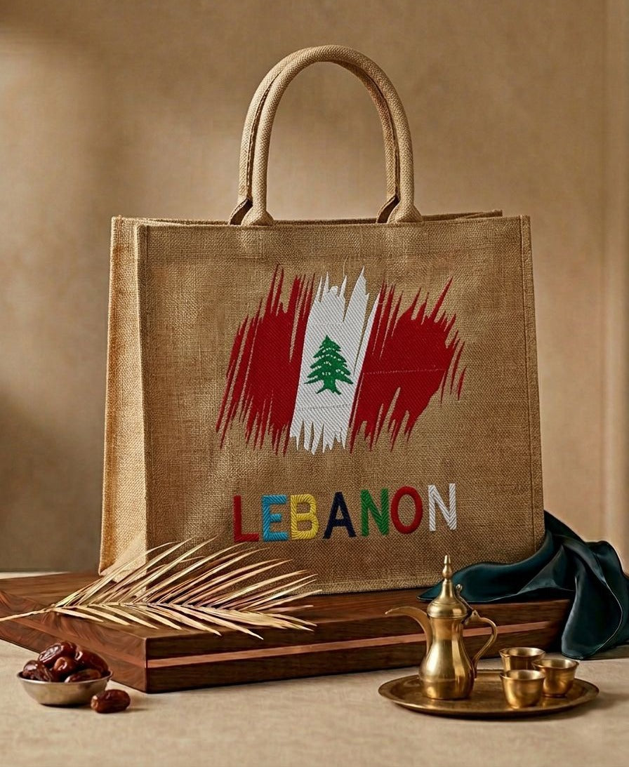 Eco-friendly natural jute tote bag featuring the Lebanese flag and cedar tree