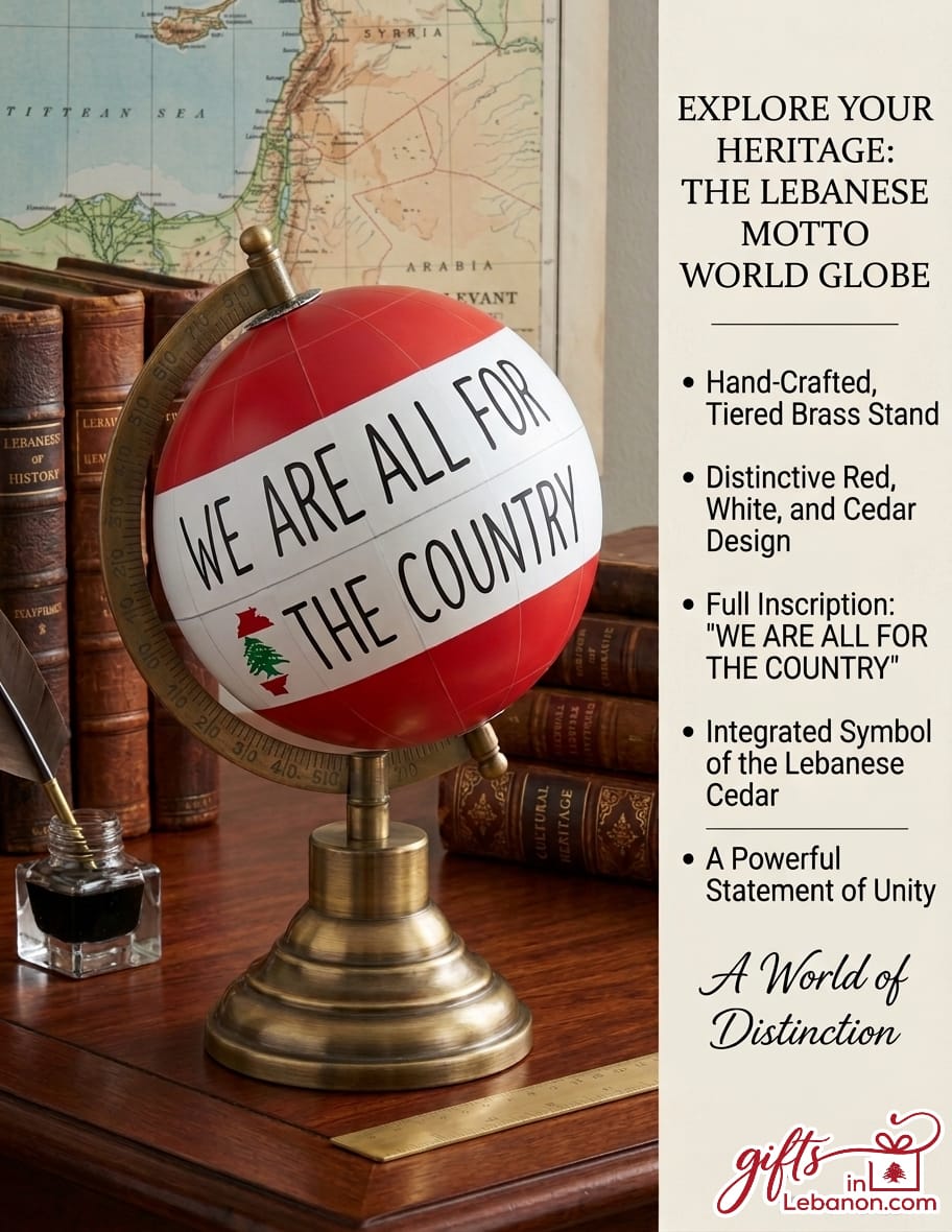 Handcrafted Lebanese Motto World Globe with Brass Stand and Cedar Symbol