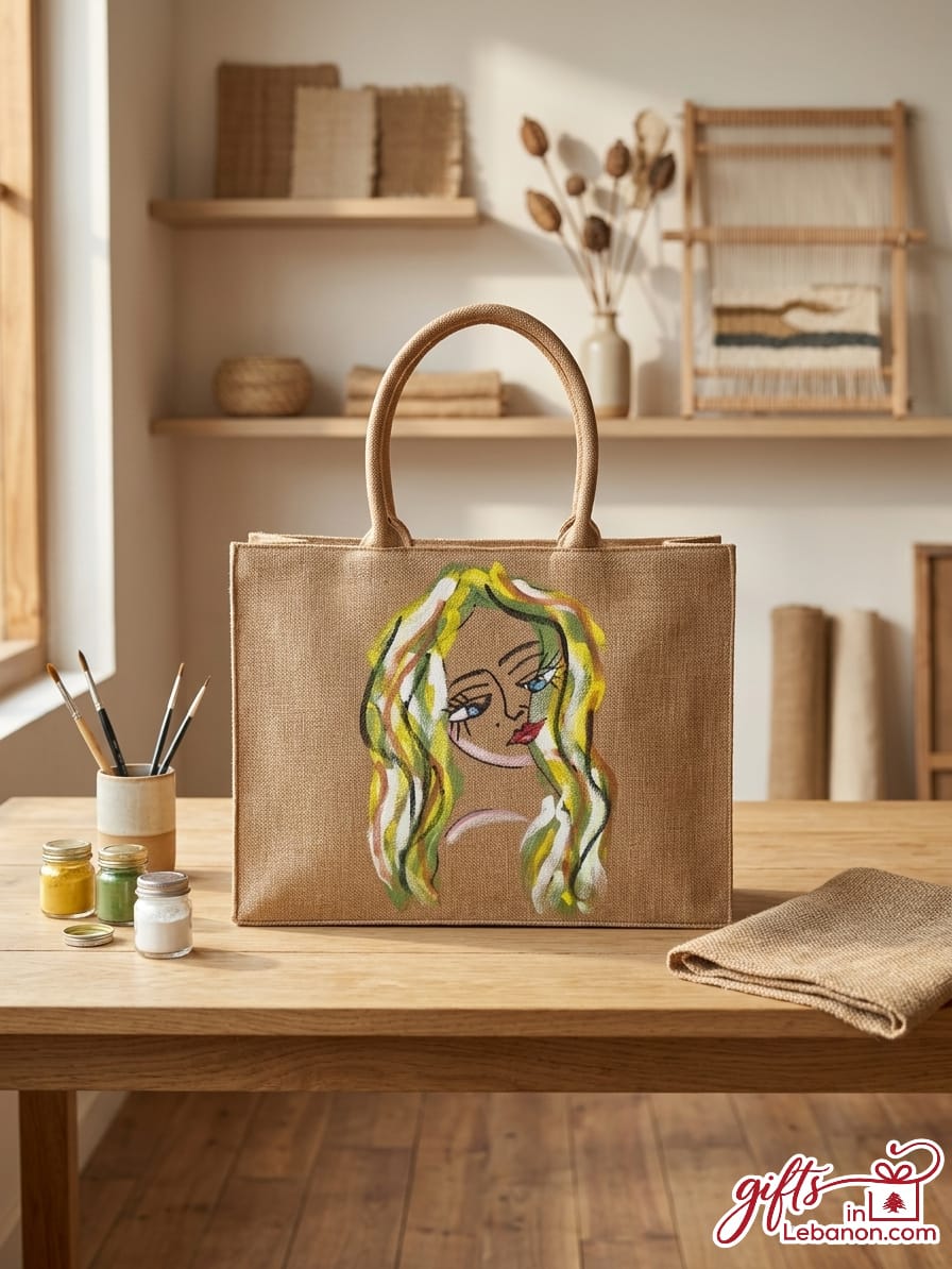 Levantine Soul Hand-Painted Jute Tote Bag with artistic woman portrait