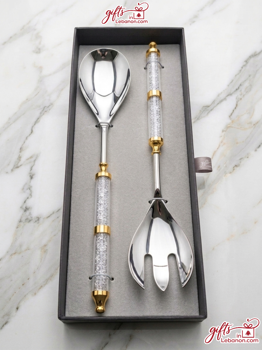 Luxury crystal and gold serving spoon and fork set in a gift box