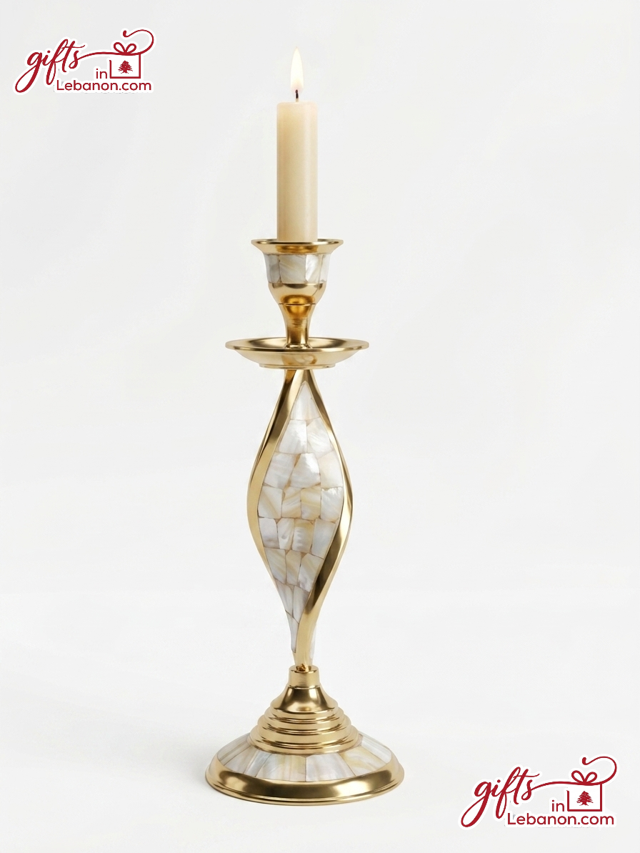Elegant handcrafted brass and mother of pearl candlestick holder
