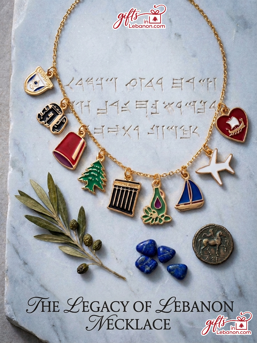 The Legacy of Lebanon gold charm necklace with traditional Lebanese symbols