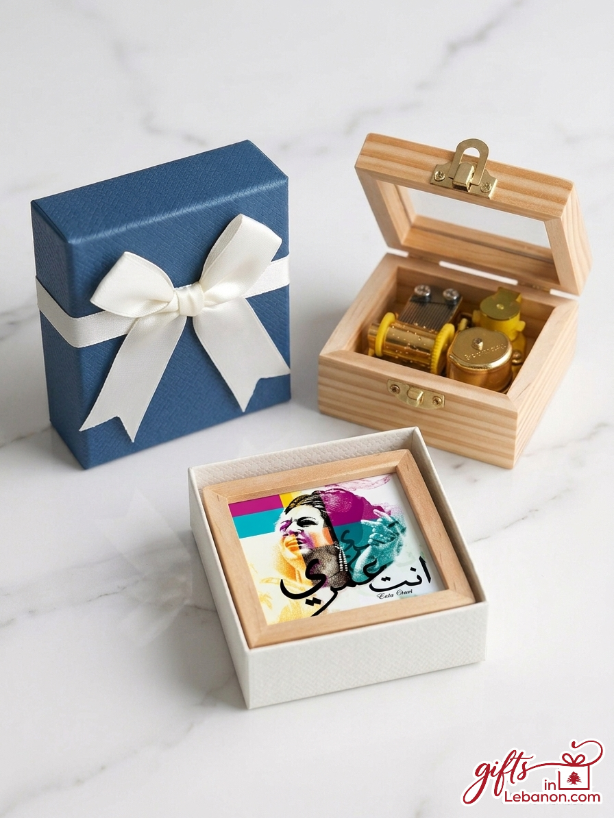 Umm Kulthum Enta Omri Wooden Music Box with Blue Gift Packaging