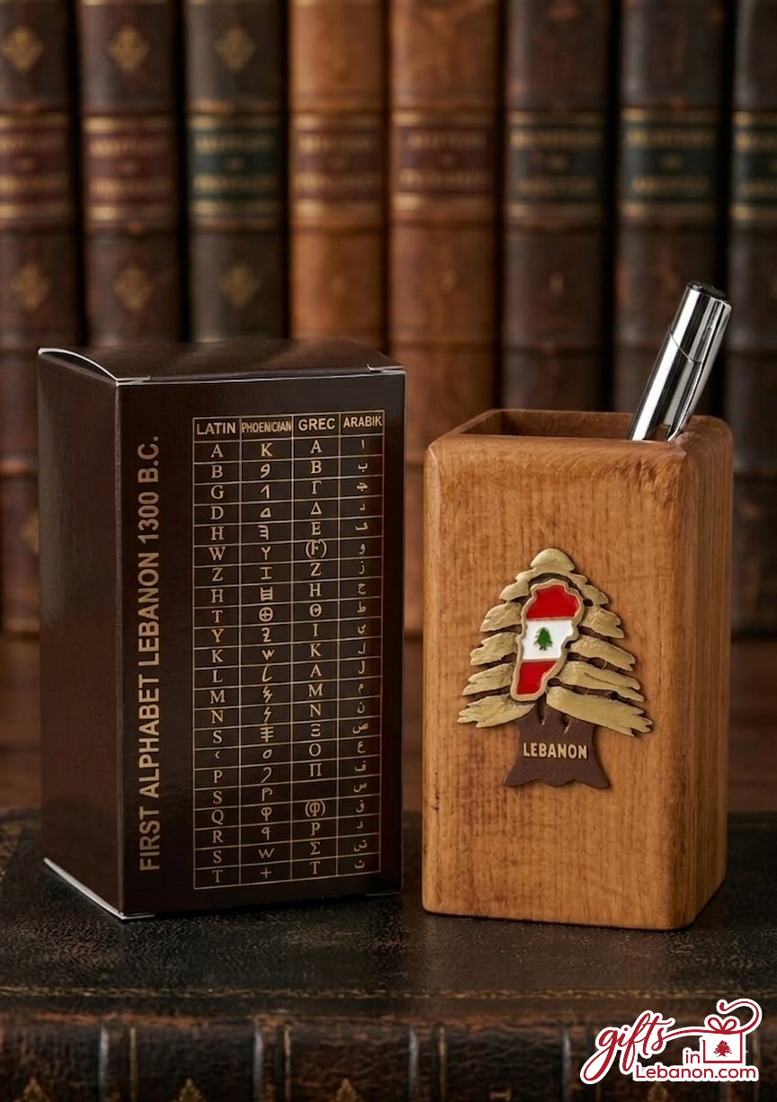 Handcrafted wooden pen holder with Cedar of Lebanon emblem and Phoenician alphabet box