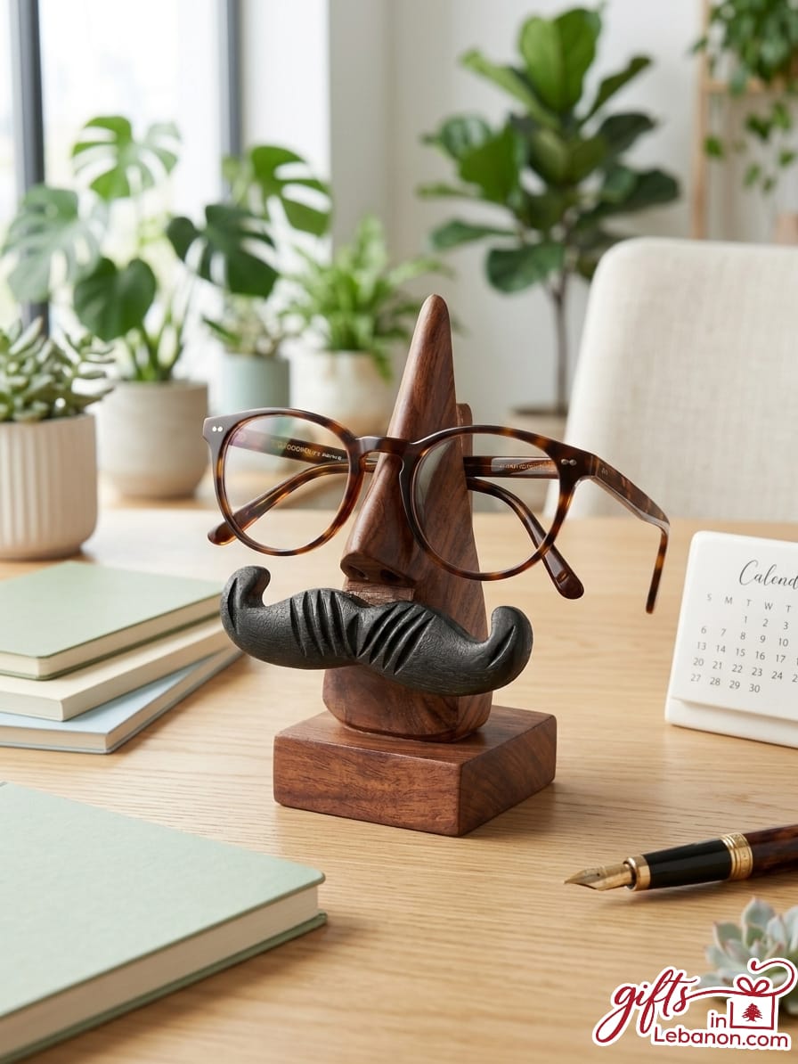 Handcrafted wooden face eyeglass holder stand with black mustache on a desk