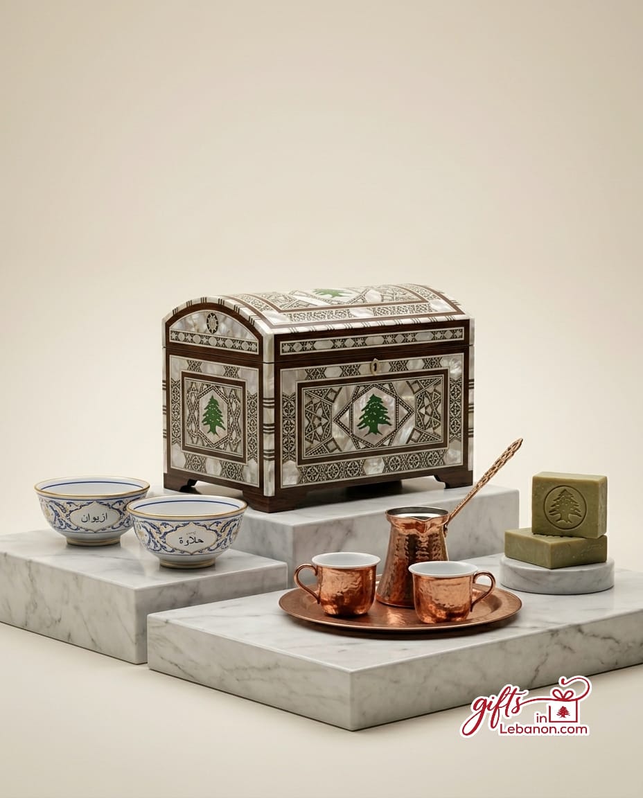 Hand-painted Lebanese terracotta plates, traditional ceramic vases, and artisanal wooden serving boards for cultural home decor.