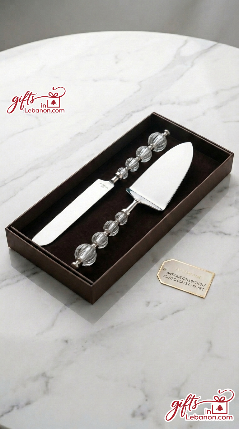 Actium Antique Collection Fluted Glass Cake Knife and Server Set in Gift Box