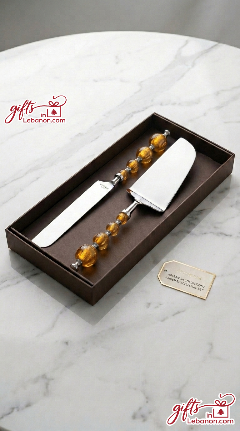 Aeteanum Amber Beaded Cake Knife and Server Set in Gift Box