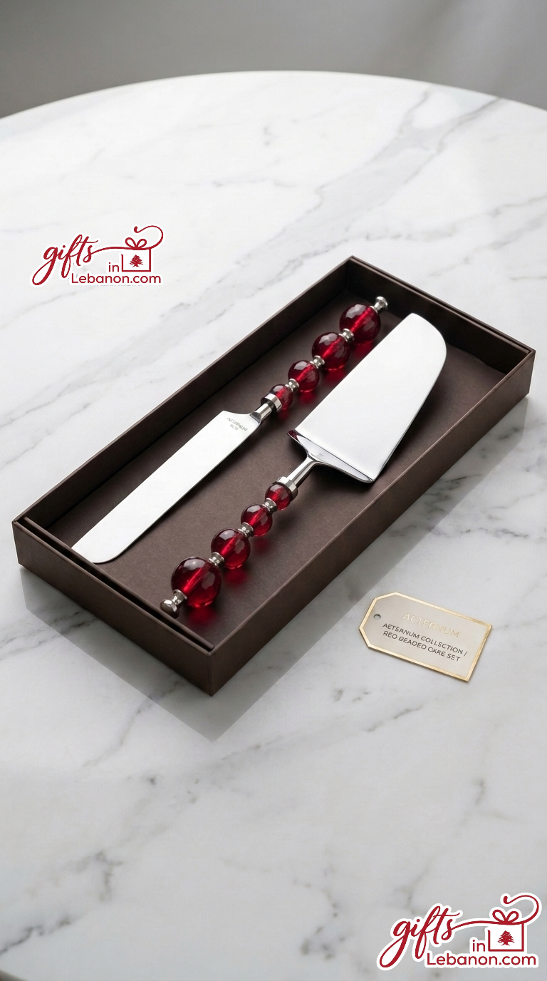 Aeternum Red Beaded Cake Knife and Server Set in Gift Box