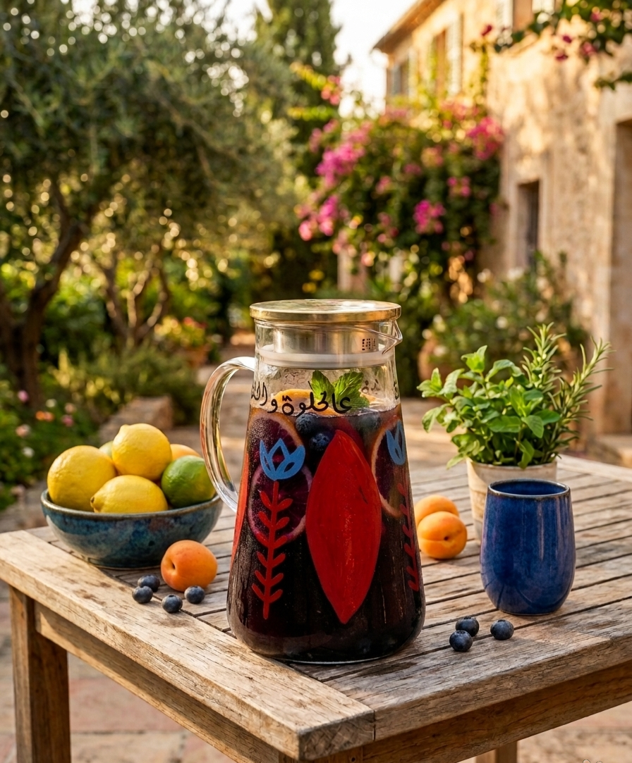Hand-painted glass pitcher with Arabic calligraphy on a wooden table in a Lebanese garden