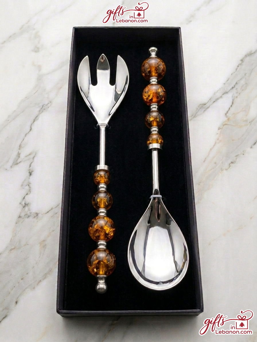 Luxury amber beaded salad serving set in a black gift box