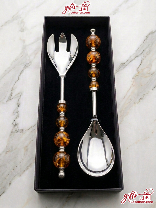 Luxury amber beaded salad serving set in a black gift box