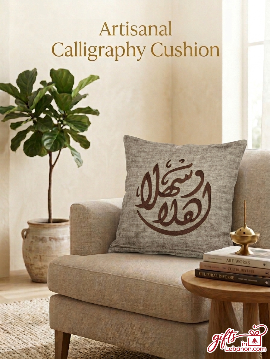 Artisanal Arabic Calligraphy Cushion with Ahlan wa Sahlan design on an armchair