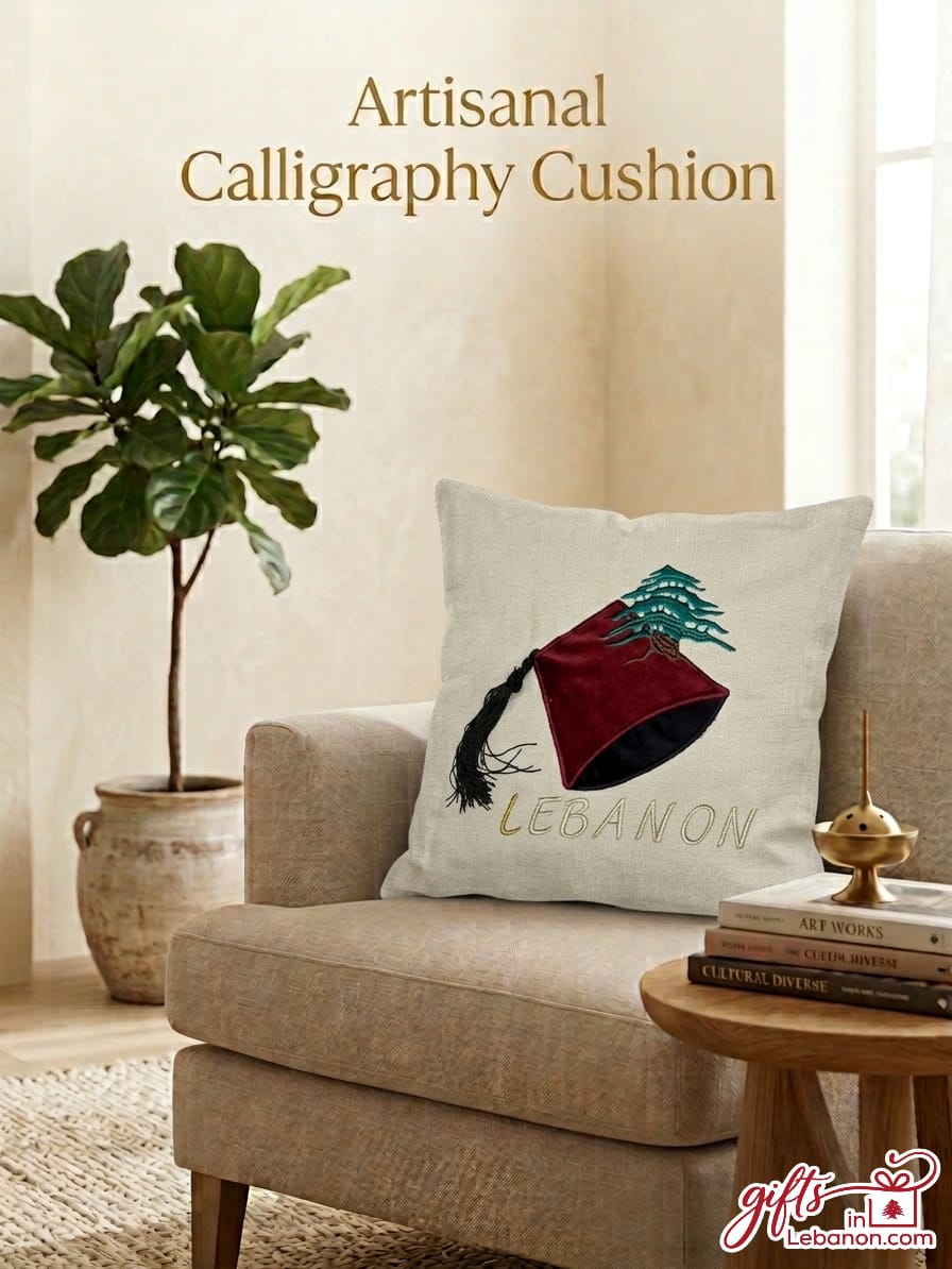 Artisanal beige cushion featuring an embroidered red Tarboush and green Lebanese Cedar tree