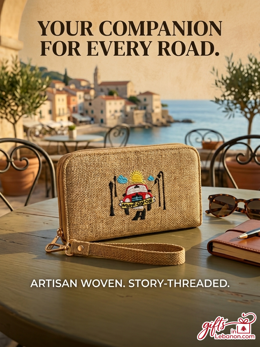 Artisan woven clutch with embroidered red Lebanese service taxi on a wooden table overlooking the sea