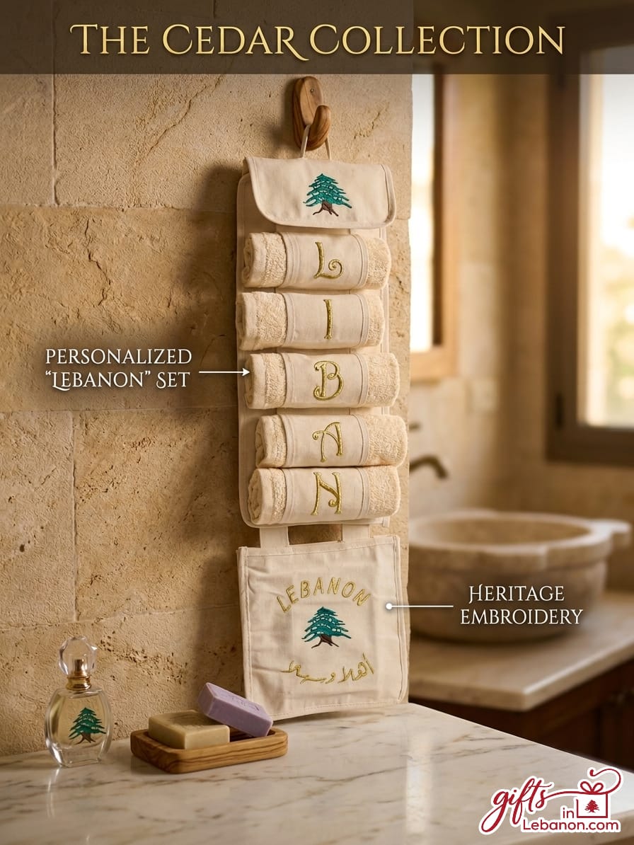 Embroidered Lebanese Cedar hanging towel organizer with LIBAN monogrammed towels