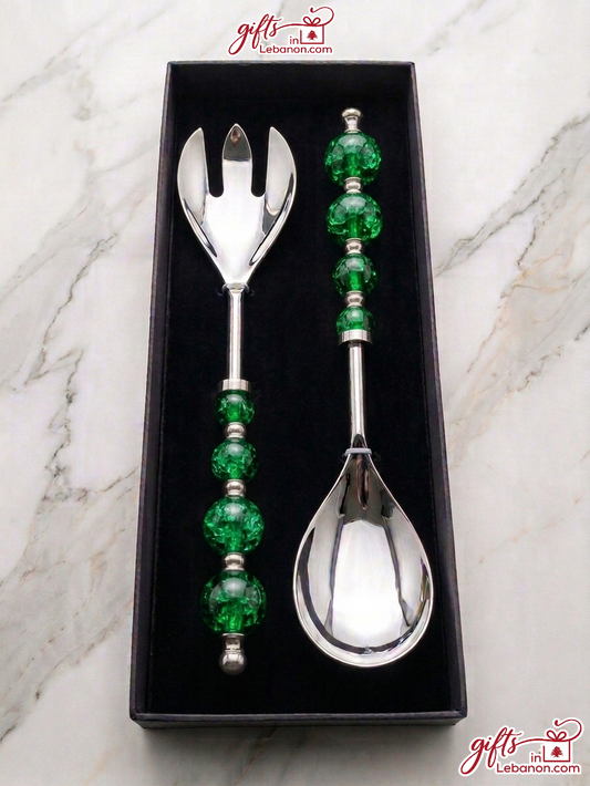 Elegant green beaded salad serving spoon and fork set in a black gift box.