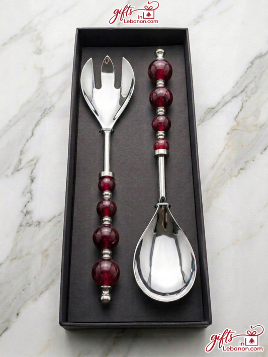 Elegant Ruby Beaded Salad Serving Set in Gift Box
