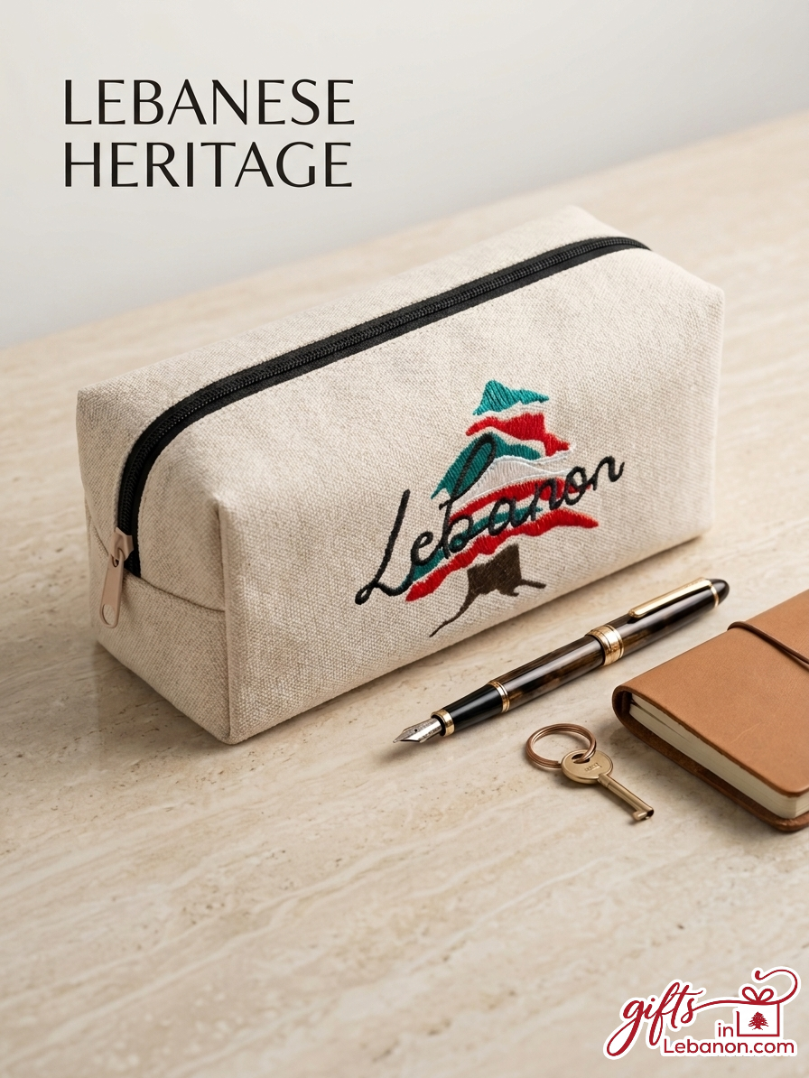 Embroidered canvas pouch featuring the Cedar of Lebanon with a fountain pen and notebook