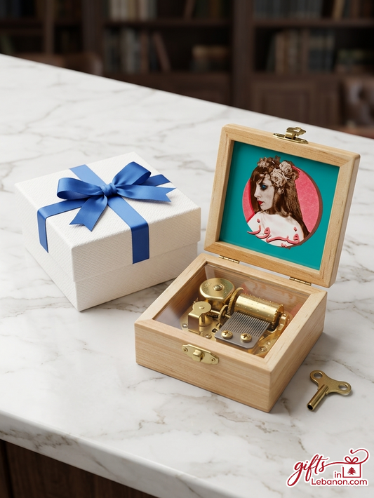 Handcrafted wooden music box featuring a portrait of Fairuz with a white gift box and blue ribbon