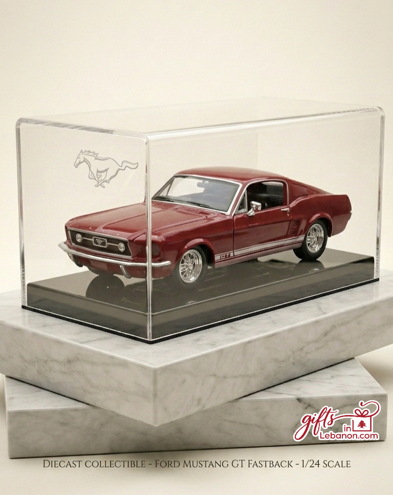 1/24 Scale Red Ford Mustang GT Fastback Diecast Model in Acrylic Display Case