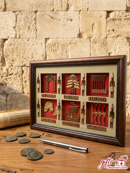 Framed 3D artwork showcasing Lebanese landmarks including Tyr, Baalbeck, Raouche, and the Phoenician ship