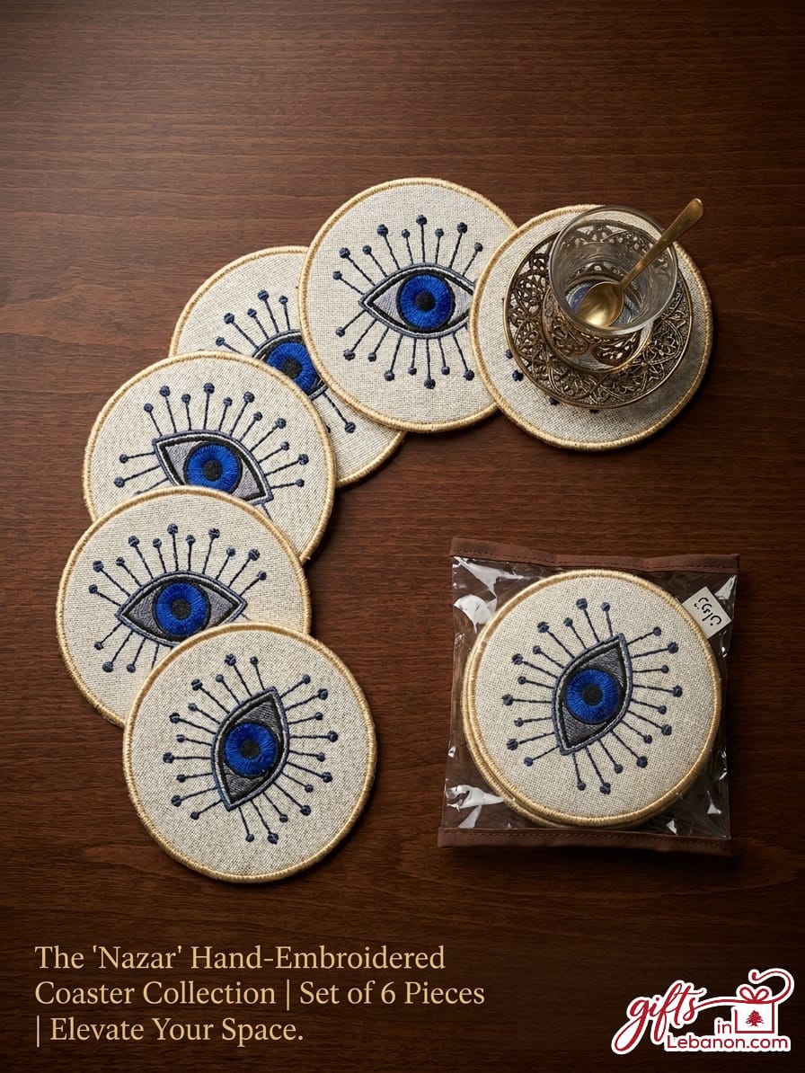 Hand-embroidered Nazar evil eye coasters set of 6 with Lebanese tea glass