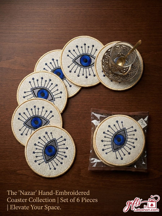 Hand-embroidered Nazar evil eye coasters set of 6 with Lebanese tea glass