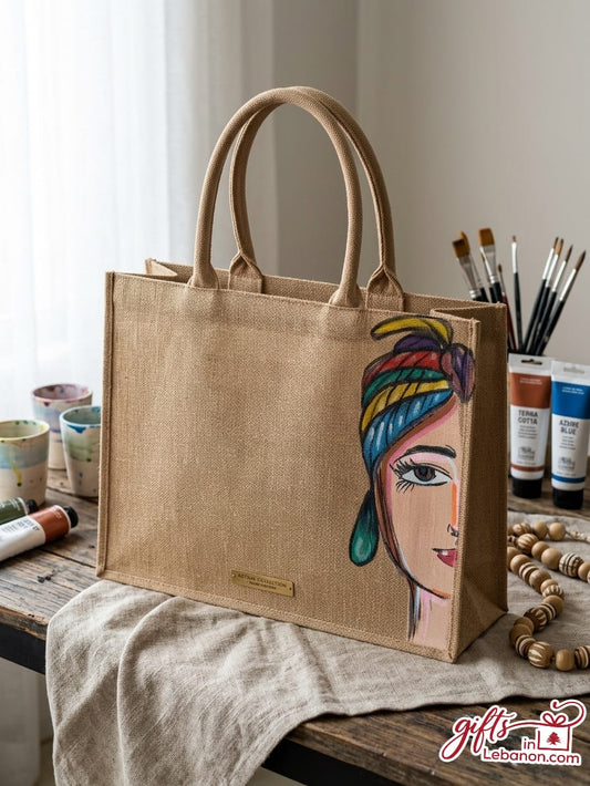 Hand-painted artisan jute tote bag with a colorful portrait of a woman