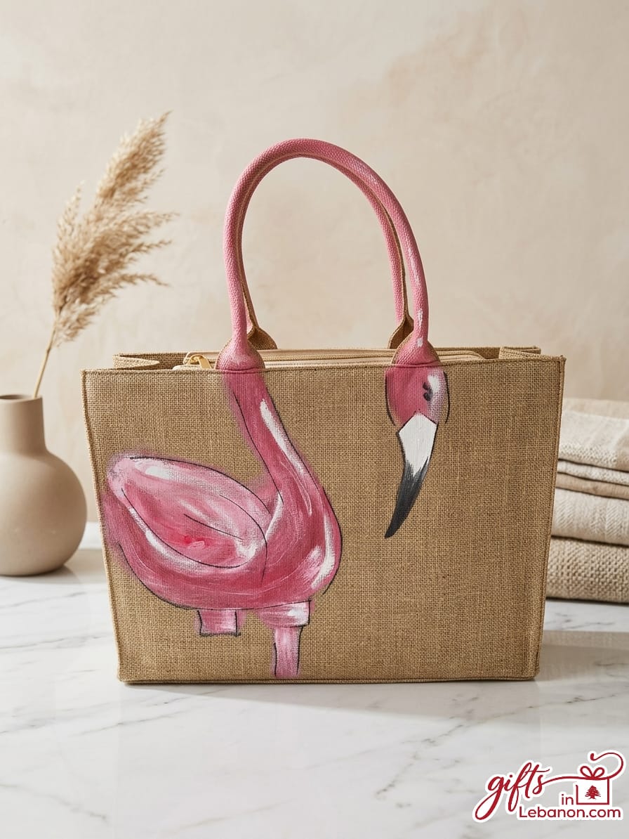 Hand-painted flamingo jute tote bag with pink handles