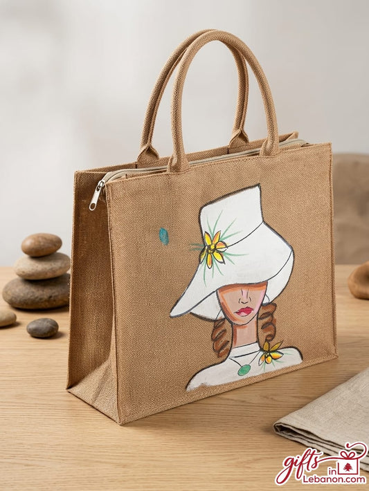 Hand-painted jute tote bag featuring an elegant lady in a white sunhat