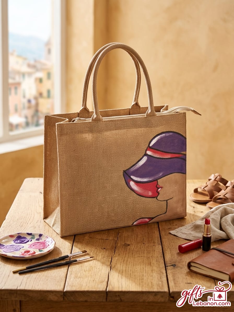 Hand-painted natural jute tote bag with a chic woman in a purple hat design