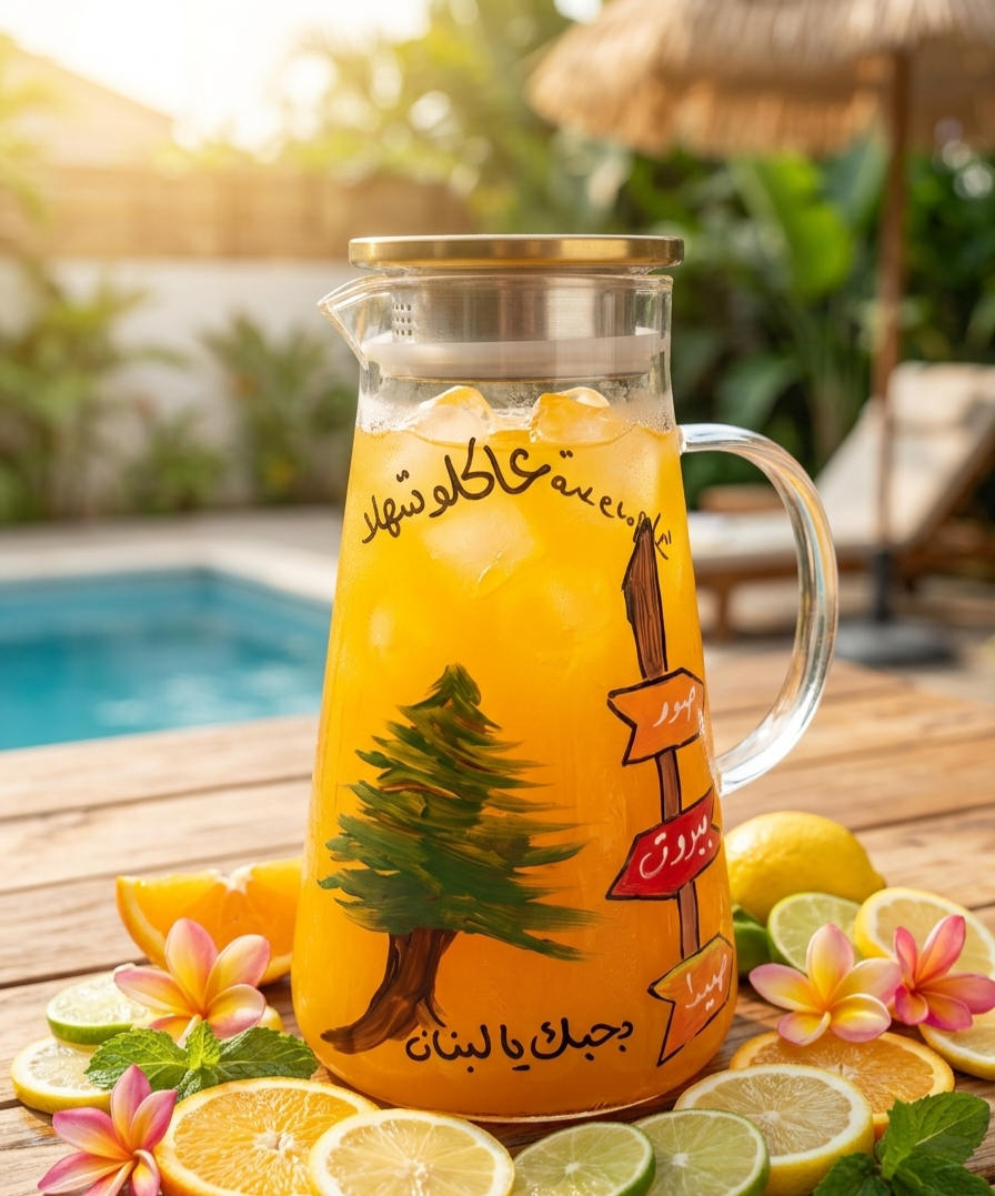 Hand-painted Lebanese glass pitcher with Cedar tree and Arabic calligraphy