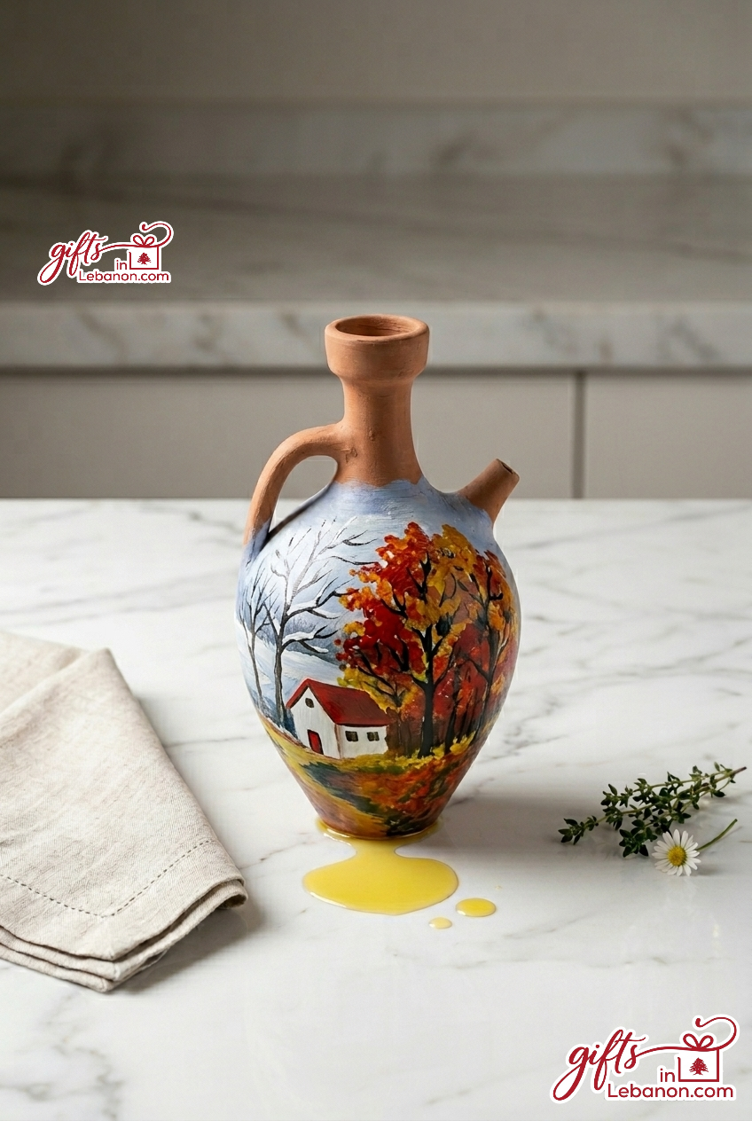 Hand-painted traditional Lebanese clay Abrik with village scene painting