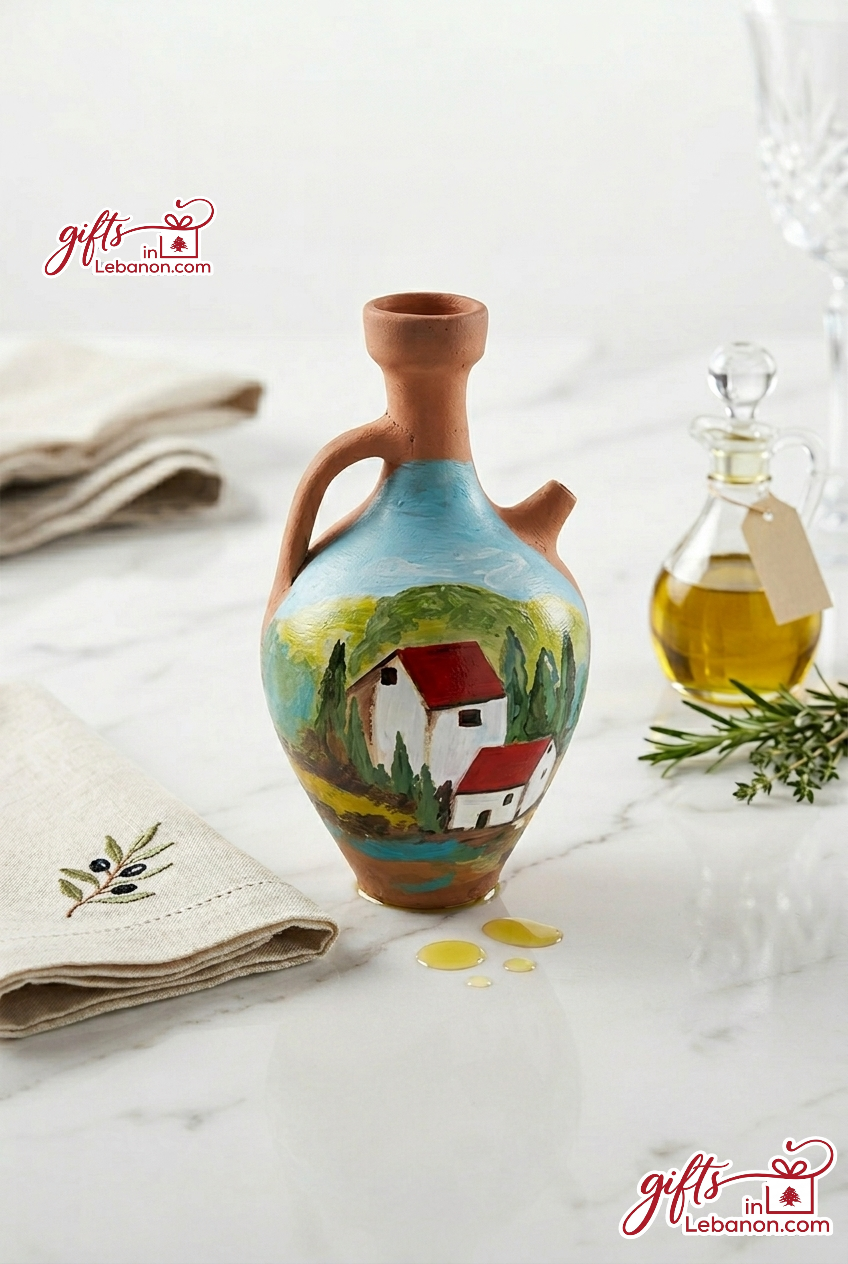 Hand-painted traditional Lebanese clay Ibrik with village scene next to olive oil