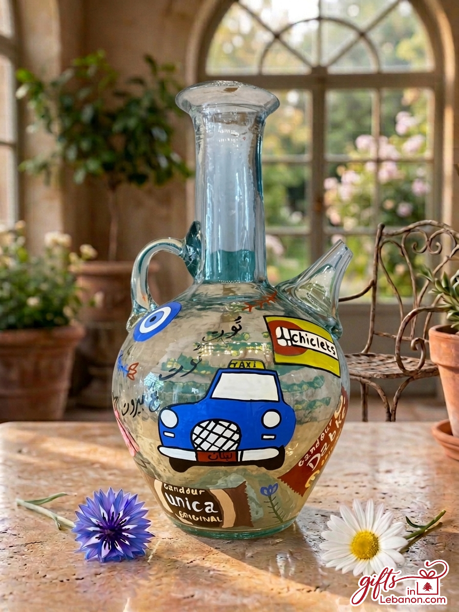 Hand-painted traditional Lebanese glass Ibrik featuring nostalgic Beirut icons like Unica, Dabke, and a service taxi.