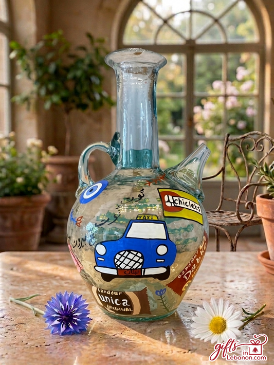 Hand-painted traditional Lebanese glass Ibrik featuring nostalgic Beirut icons like Unica, Dabke, and a service taxi.