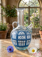 Hand-painted traditional Lebanese glass Ibrik water jug with blue heritage house design