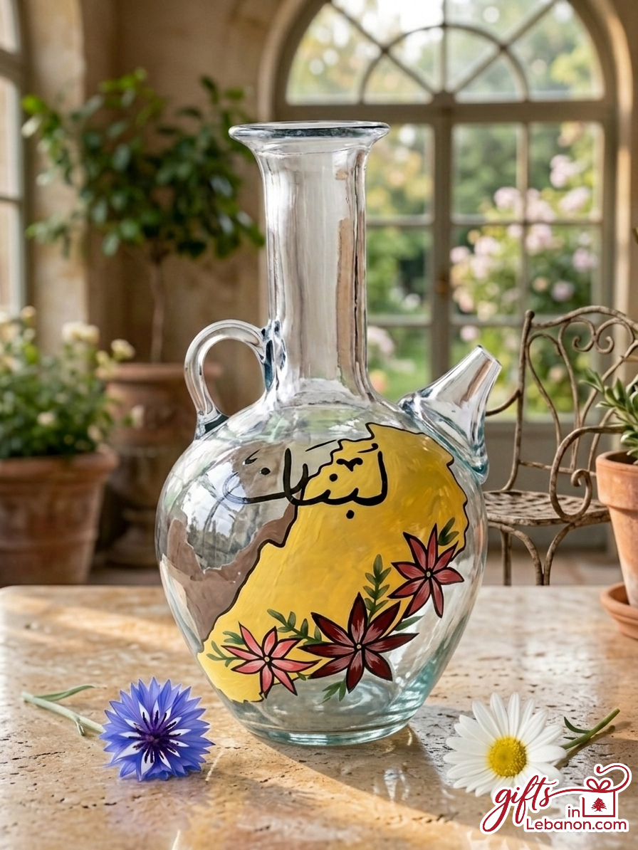 Traditional hand-painted Lebanese glass ibrik water jug with Lebanon map and Arabic calligraphy